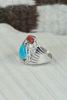 Navajo Turquoise, Coral & Sterling Silver Ring - Jeanette Saunders - Size 9.5 - High Lonesome Trading