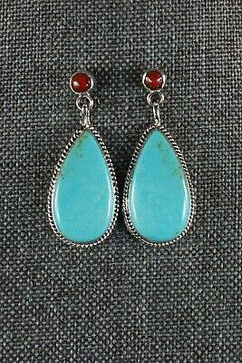Navajo Turquoise and Coral Sterling Silver Earrings - Judy Largo - High Lonesome Trading