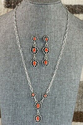 Navajo Coral & Sterling Silver Floral Necklace and Earrings Set - Sadie Jim