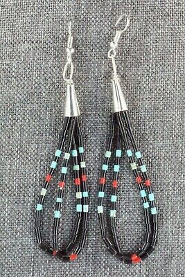 Turquoise, Coral, Jet & Sterling Silver Earrings - Esquipula Tenorio