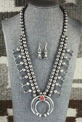 Coral & Sterling Silver Squash Blossom and Earrings - Leon Kirlie