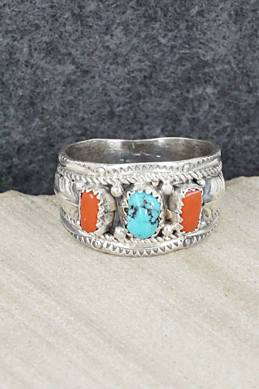 Turquoise, Coral and Sterling Silver Ring - Betty Begay - Size 12