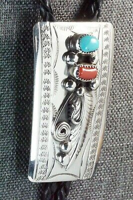 Turquoise, Coral & Sterling Silver Bolo Tie - Wilbur Myers