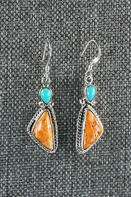 Navajo Turquoise & Spiny Oyster Sterling Silver Earrings - Gary Shorty