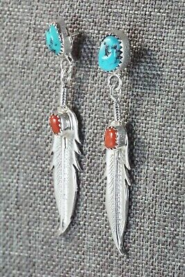 Navajo Turquoise, Coral & Sterling Silver Earrings - Annie Spencer
