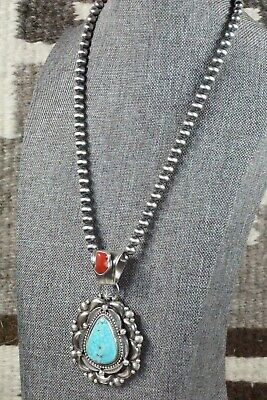 Turquoise, Coral Pendant & Sterling Silver Necklace - Tom Lewis