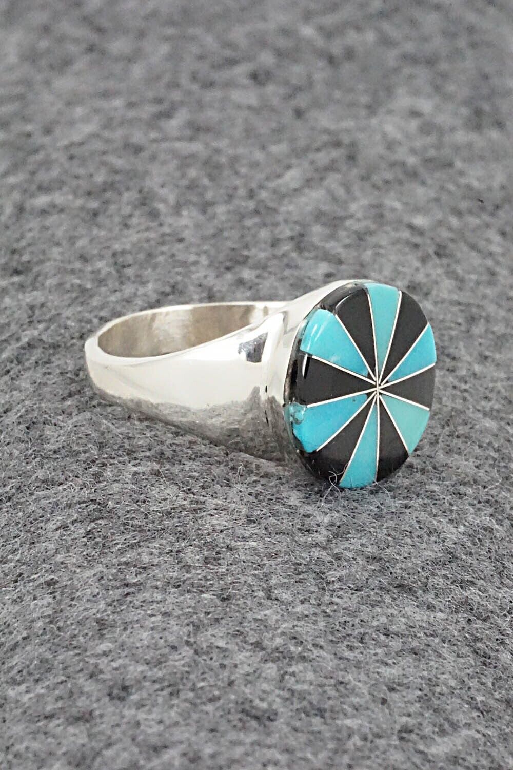 Turquoise, Onyx & Sterling Silver Ring - Johnson Laweka - Size 10.5