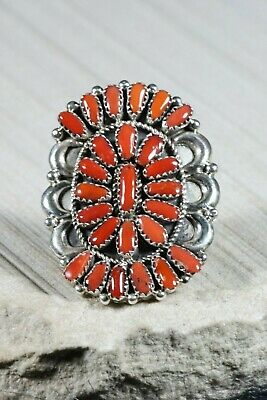 Navajo Coral and Sterling Silver Ring - Justina Wilson - Size 8 - High Lonesome Trading