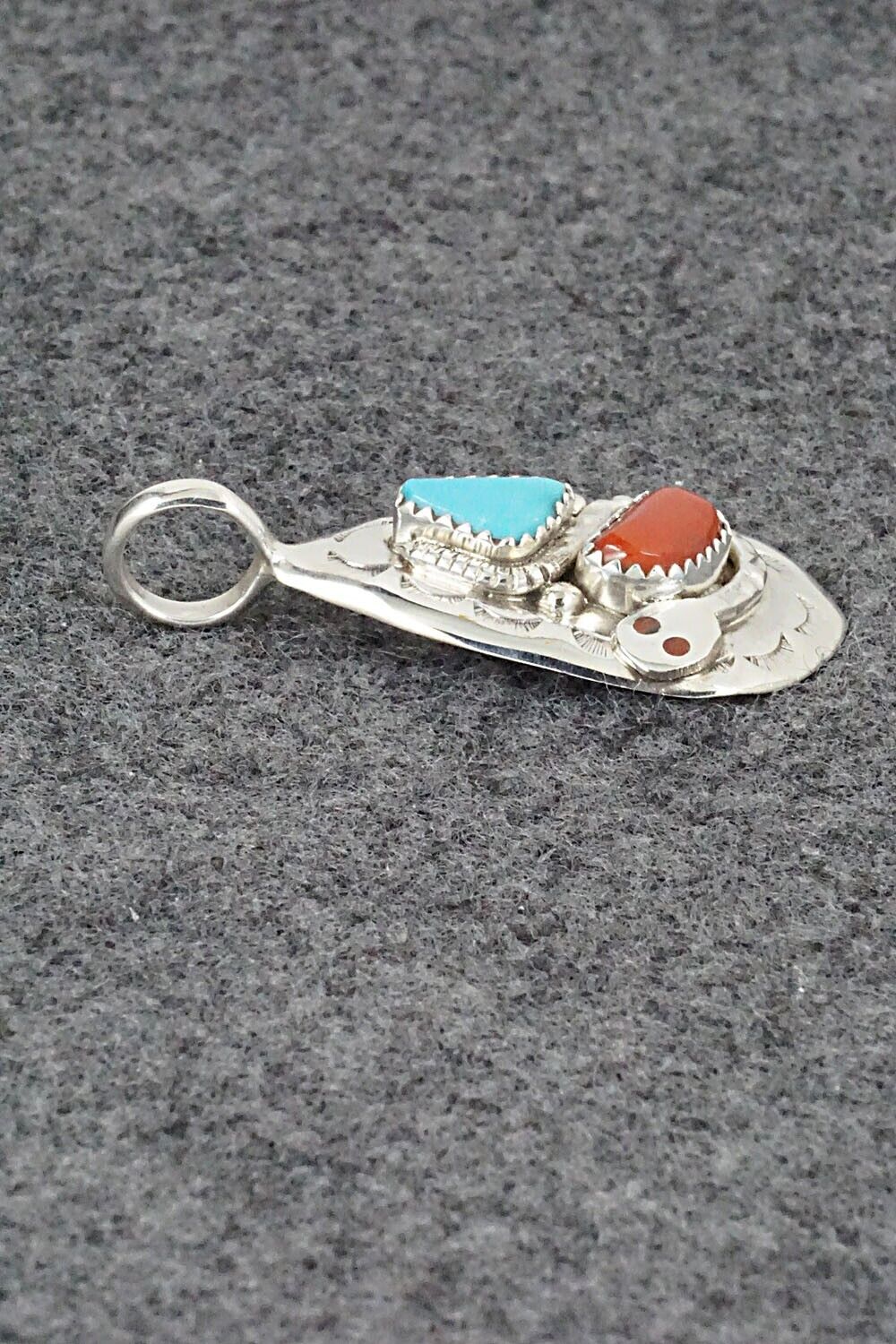 Turquoise, Coral and Sterling Silver Pendant - Joy Calavaza