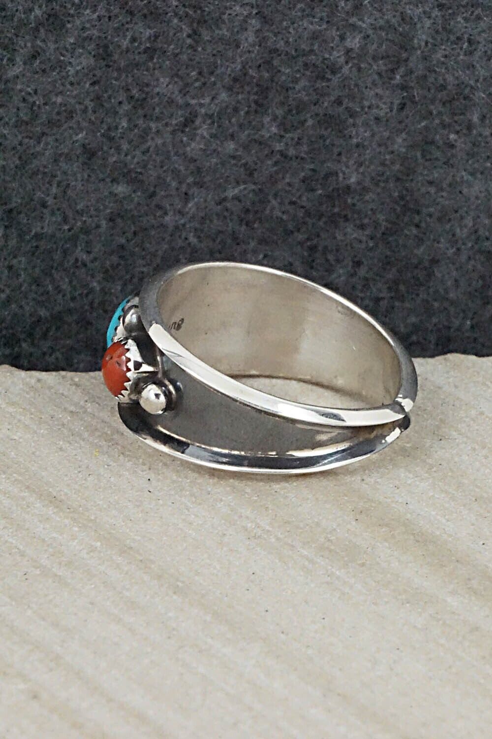 Turquoise, Coral & Sterling Silver Ring - Paul Largo - Size 13