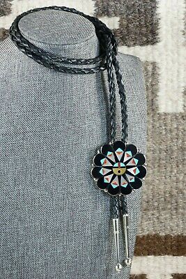 Zuni Inlay Turquoise & Sterling Silver Sunface Bolo Tie - Delwin Gasper - High Lonesome Trading