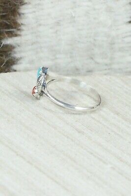 Turquoise & Coral Sterling Silver Ring - Betty Hawthorne - Size 5.75