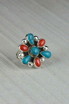 Navajo Turquoise and Coral Cluster Sterling Silver Ring - Roberta Begay - Size 6 - High Lonesome Trading