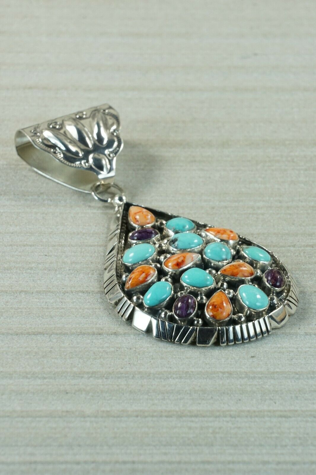 Navajo Turquoise, Spiny Oyster and Sterling Silver Pendant - Raymond Delgarito