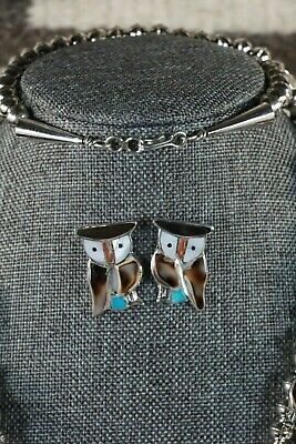 Zuni Inlay Owl Necklace and Sterling Silver Earring Set - Pitkin Natewa - High Lonesome Trading