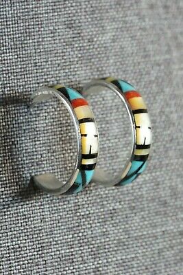 Zuni Multi Stone Inlay & Sterling Silver Hoop Earrings - Delberta Boone - High Lonesome Trading