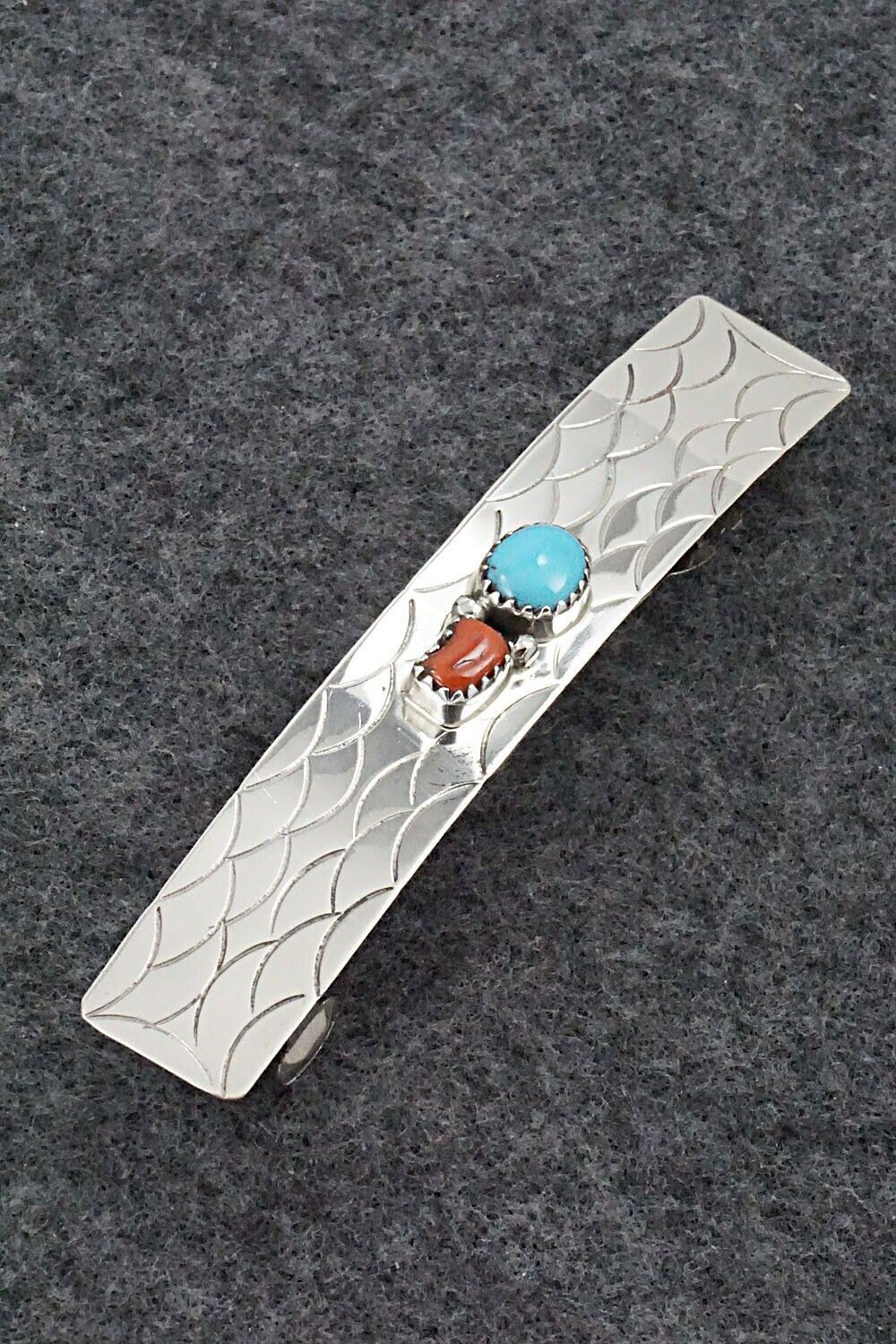 Turquoise, Coral & Sterling Silver Hair Barrette - Sally Arviso