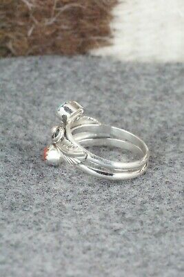Coral, Turquoise & Sterling Silver Ring - Harry B Yazzie - Size 8