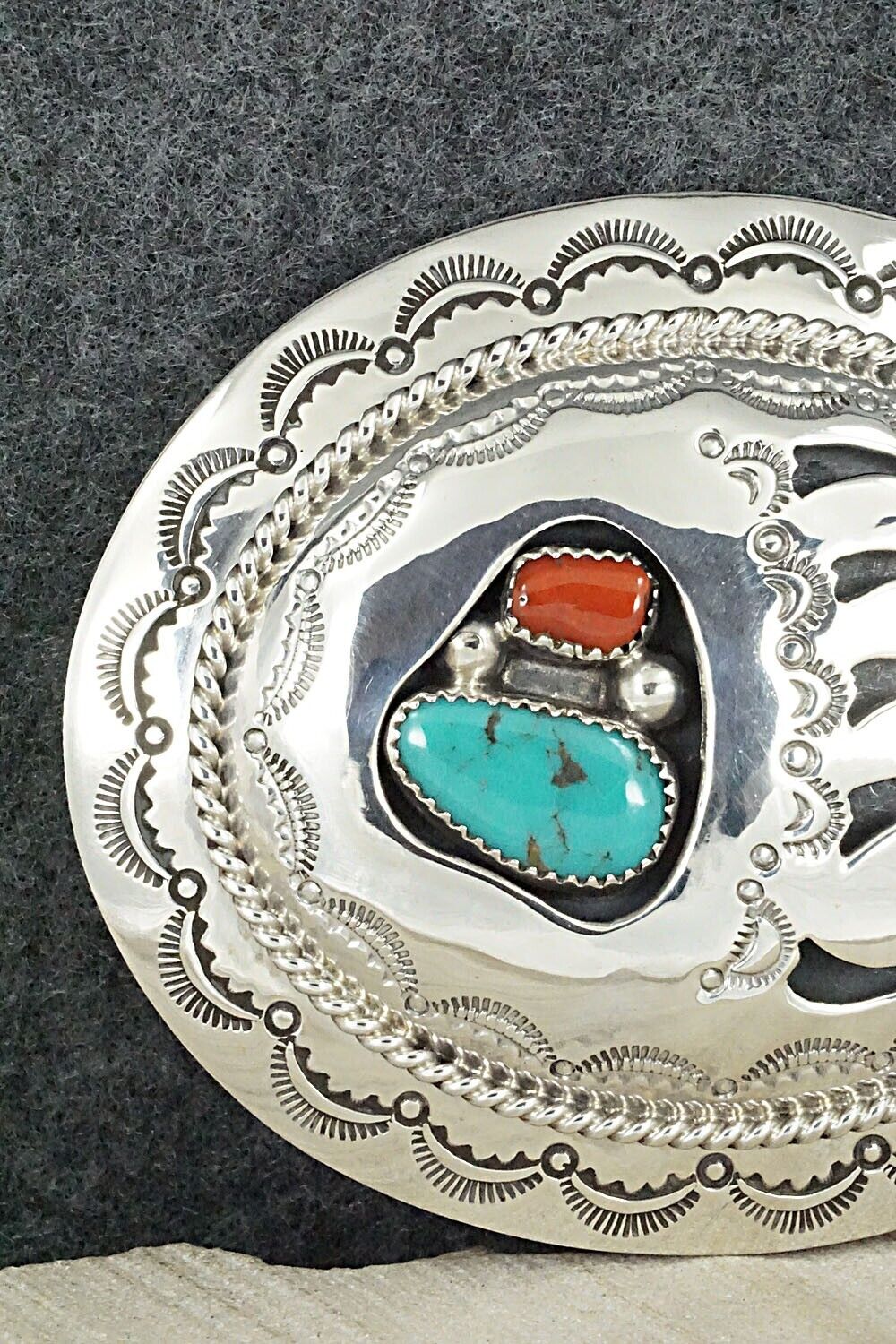 Turquoise, Coral & Sterling Silver Belt Buckle - Wilbert Muskett Sr.