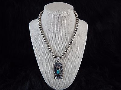 Navajo Sterling Silver Necklace w/ Sterling Silver & Turquoise Pendant - Kevin Billah - High Lonesome Trading