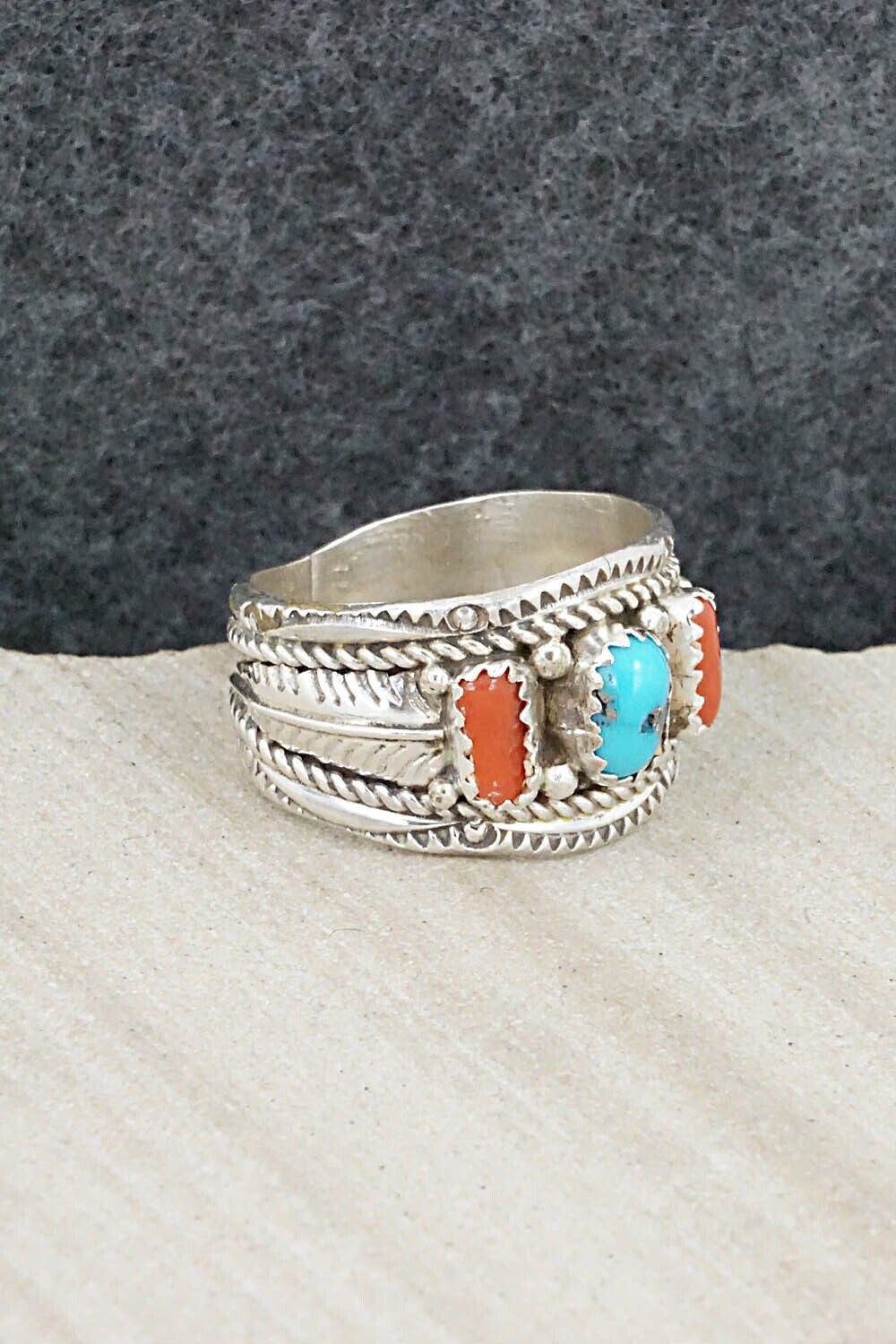 Turquoise, Coral and Sterling Silver Ring - Betty Begay - Size 9.5