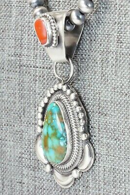 Turquoise, Coral Pendant & Sterling Silver Necklace - Tom Lewis