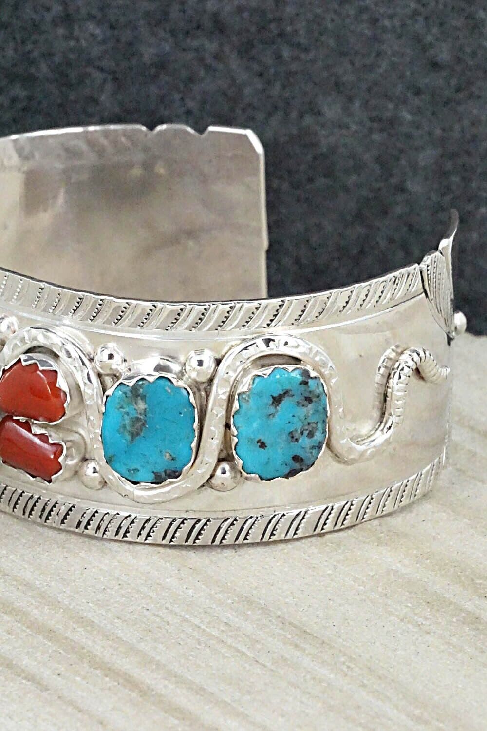 Turquoise, Coral & Sterling Silver Bracelet - Joy Calavaza