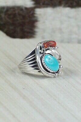Navajo Turquoise, Coral & Sterling Silver Ring - Jeanette Saunders - Size 11