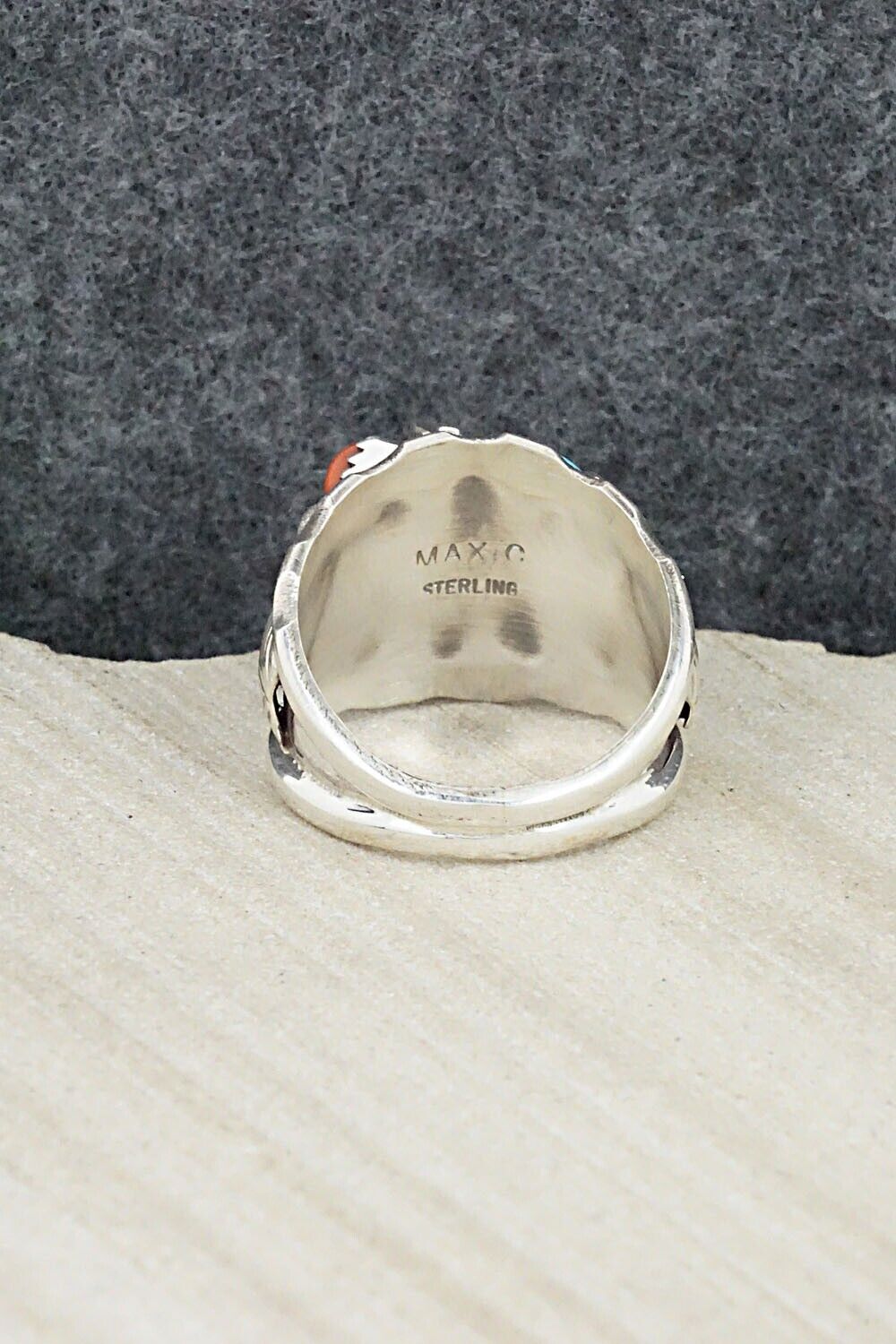 Turquoise, Coral & Sterling Silver Ring - Max Calladitto - Size 9.5