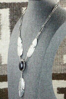 Onyx, Sterling Silver Feather & Chain Necklace - Ben Begay - High Lonesome Trading