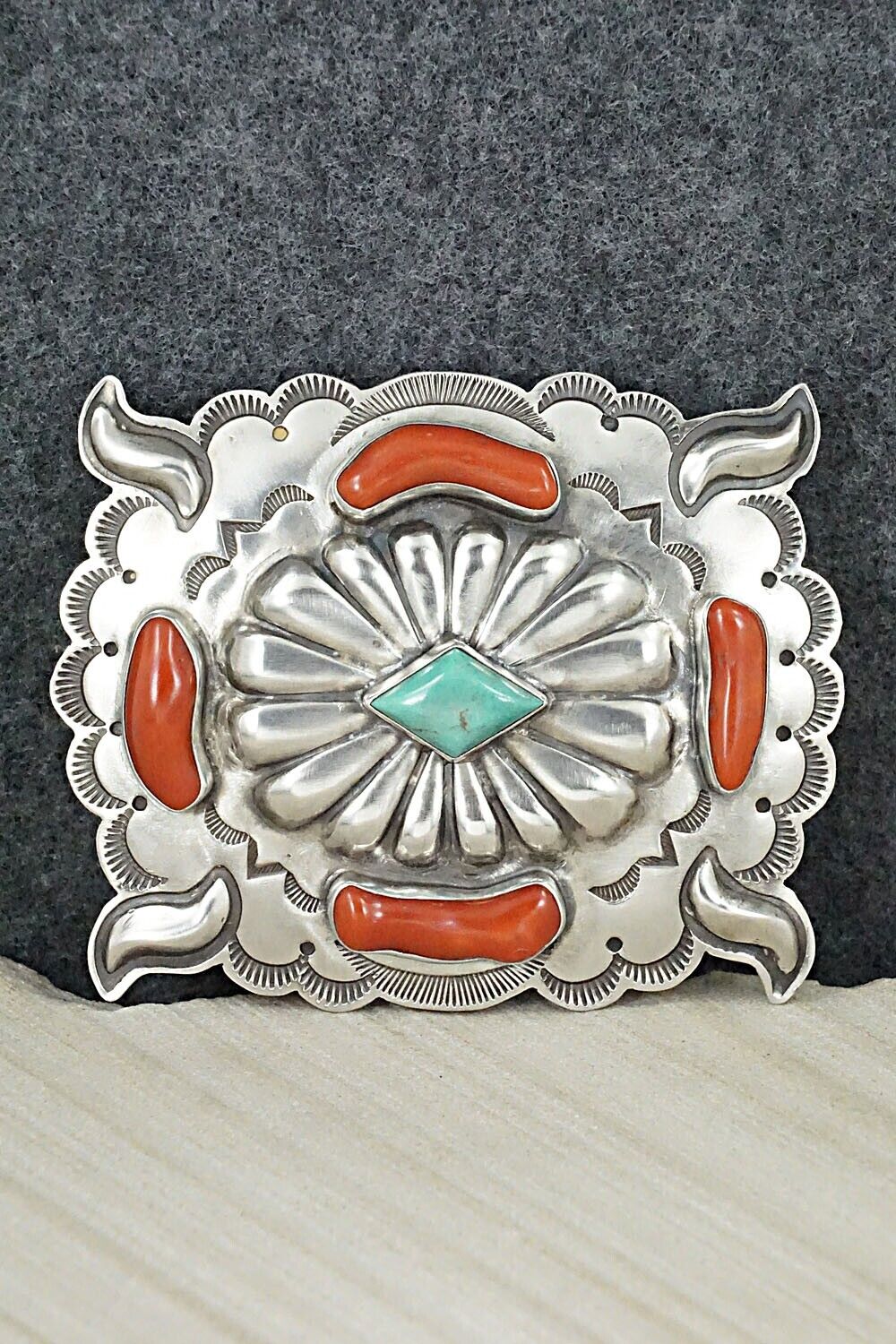 Turquoise, Coral & Sterling Silver Belt Buckle - Wallace Yazzie, Jr.