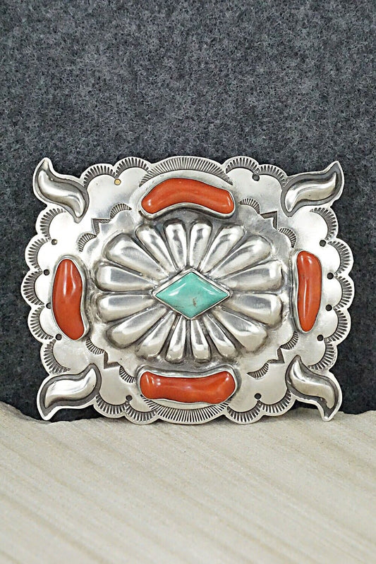 Turquoise, Coral & Sterling Silver Belt Buckle - Wallace Yazzie, Jr.