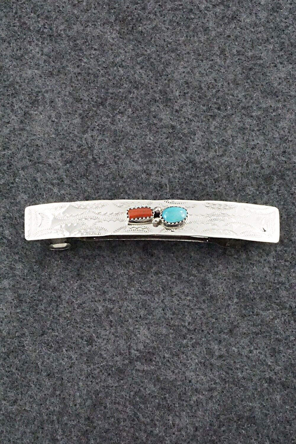 Turquoise, Coral & Sterling Silver Hair Barrette - Sally Arviso