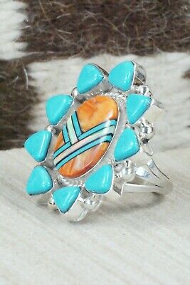 Turquoise, Spiny Oyster & Sterling Silver Ring - Leslie Lamy - Size 7.5