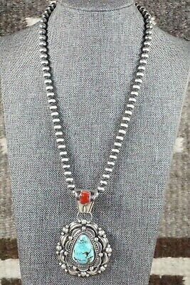 Turquoise, Coral Pendant & Sterling Silver Necklace - Tom Lewis