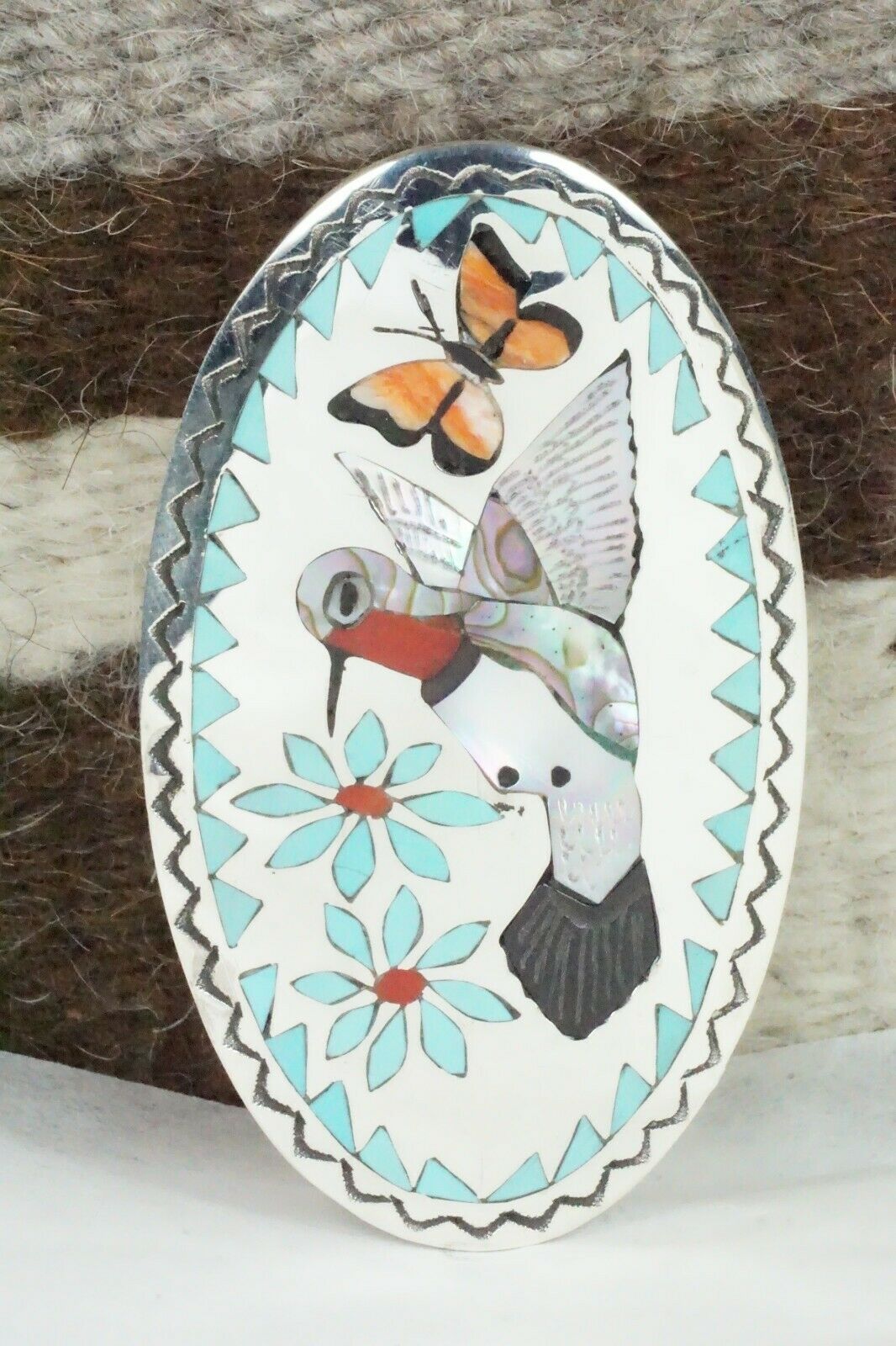 Zuni Inlay Turquoise and Sterling Silver Ring - Quintin Quam - Size 8.75 - High Lonesome Trading
