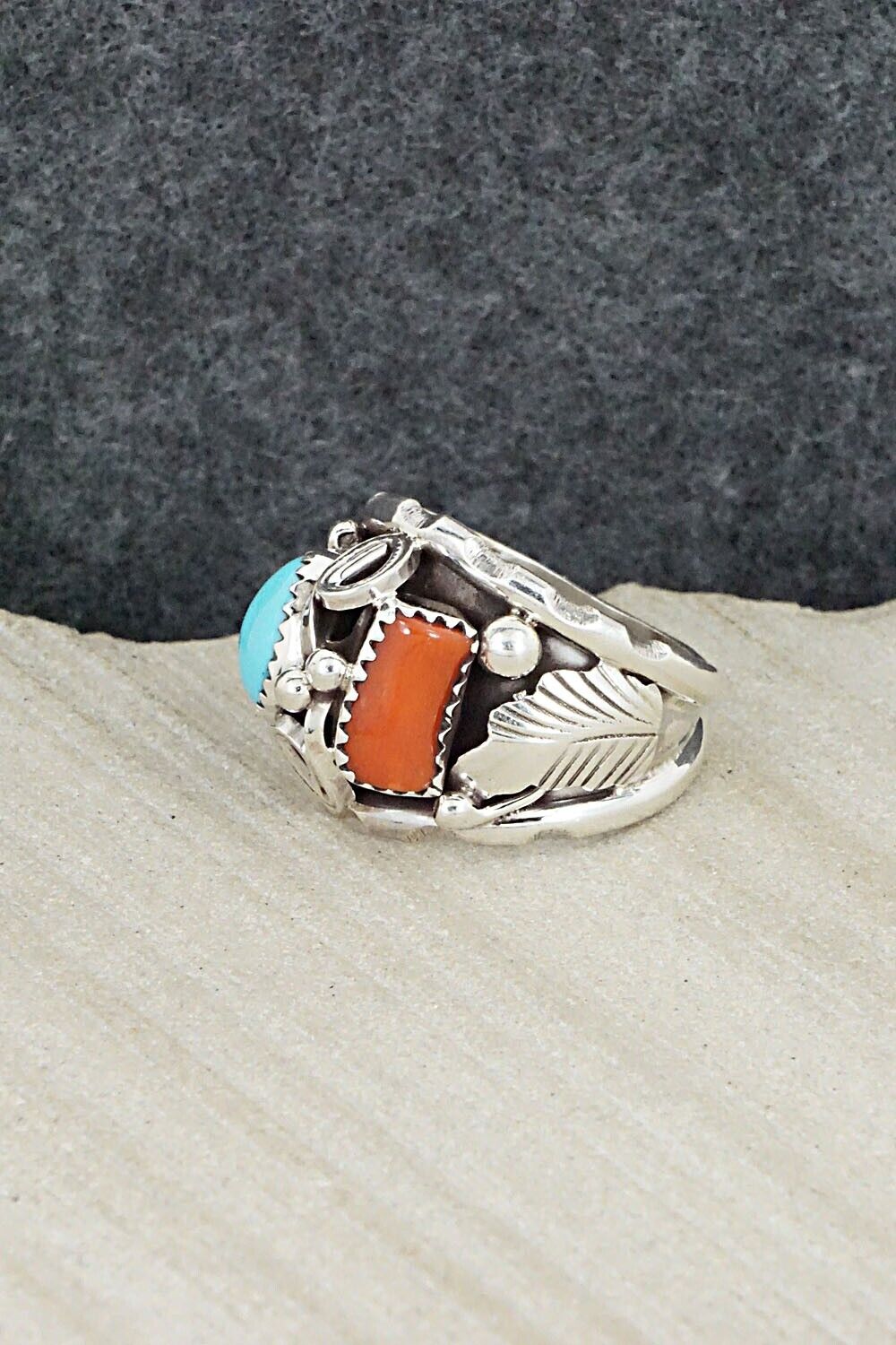 Turquoise, Coral & Sterling Silver Ring - Max Calladitto - Size 9.5