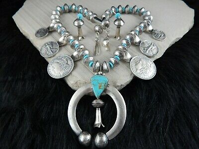 Navajo Sterling Silver & Turquoise Squash Blossom & Earrings - James McCabe - High Lonesome Trading