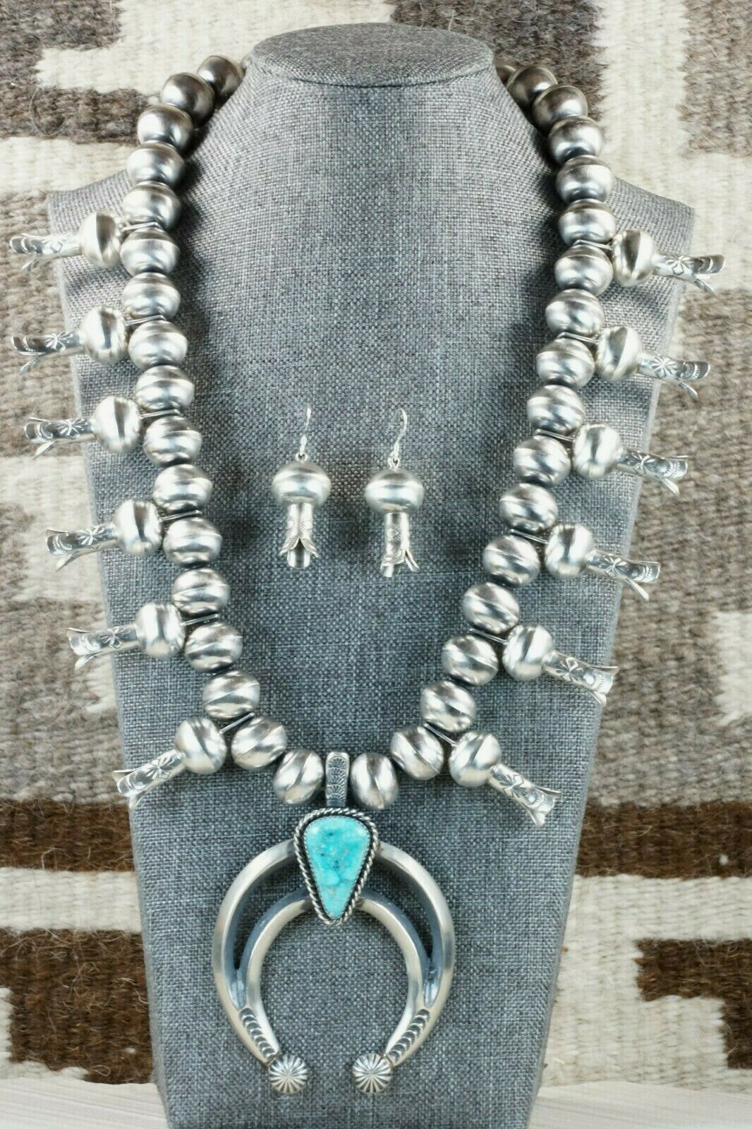 Turquoise & Sterling Silver Squash Blossom & Earrings - Chris Hale