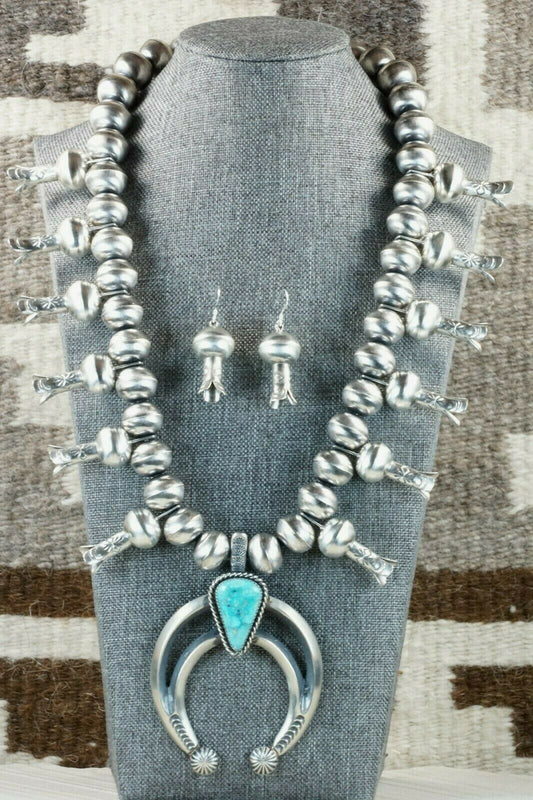 Turquoise & Sterling Silver Squash Blossom & Earrings - Chris Hale