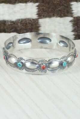 Turquoise, Coral & Sterling Silver Bangle - Tim Yazzie