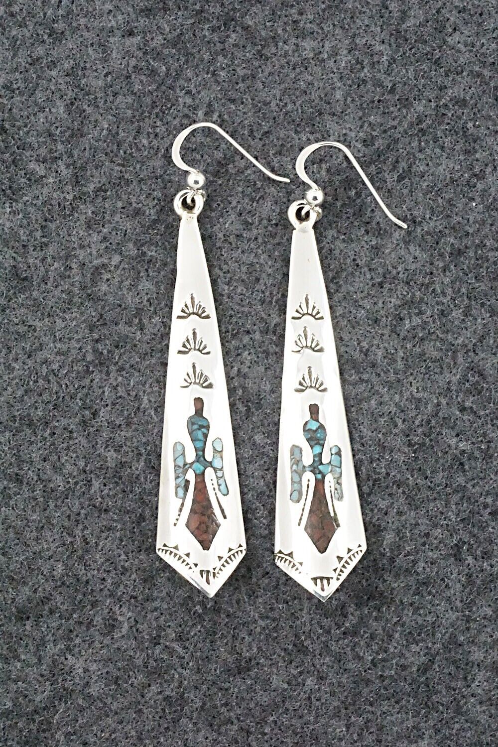 Turquoise, Coral & Sterling Silver Earrings - Jolene Yazzie