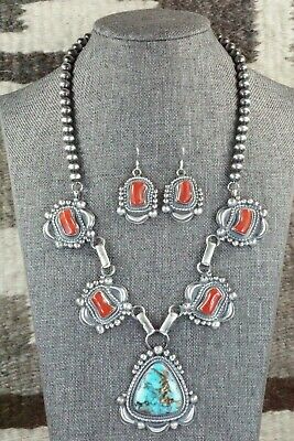 Turquoise, Coral & Sterling Silver Necklace and Earrings - Tom Lewis