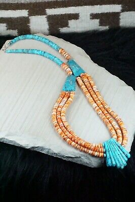 Turquoise, Spiny Oyster & Sterling Silver Necklace - Lupe Lovato
