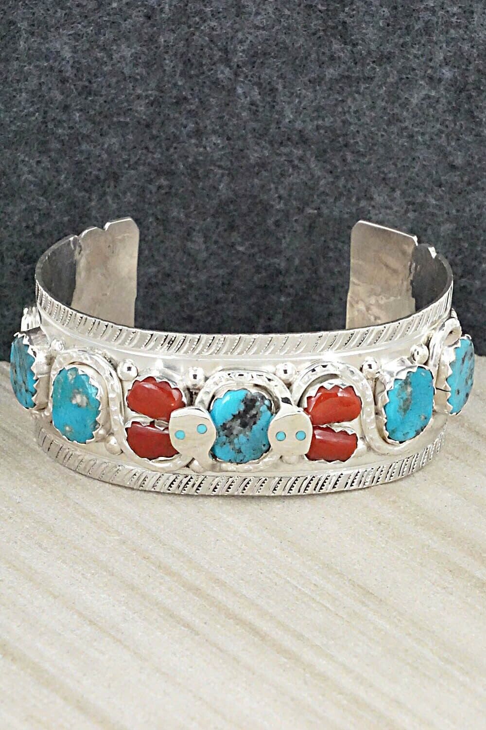 Turquoise, Coral & Sterling Silver Bracelet - Joy Calavaza