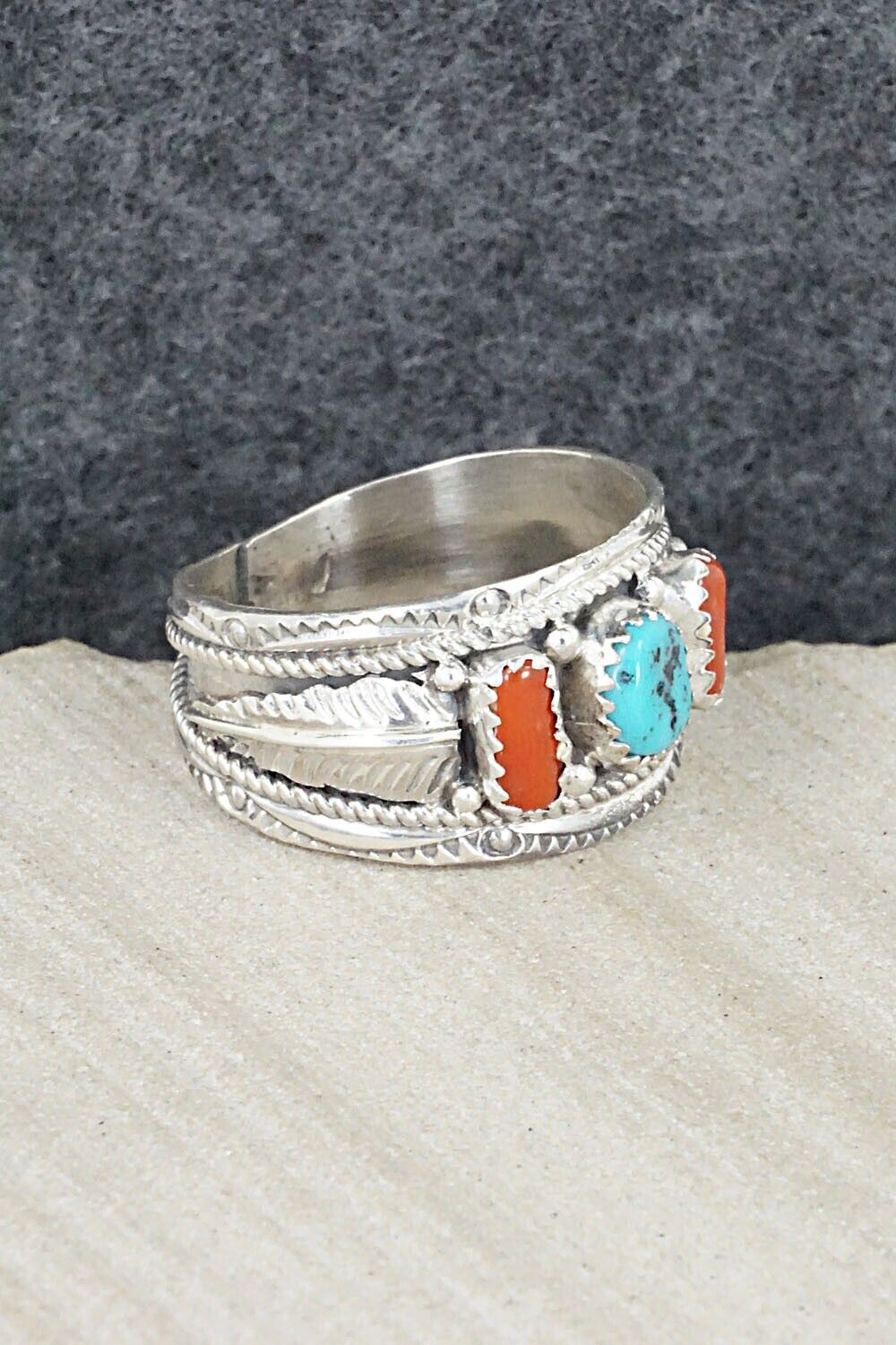 Turquoise, Coral and Sterling Silver Ring - Betty Begay - Size 12