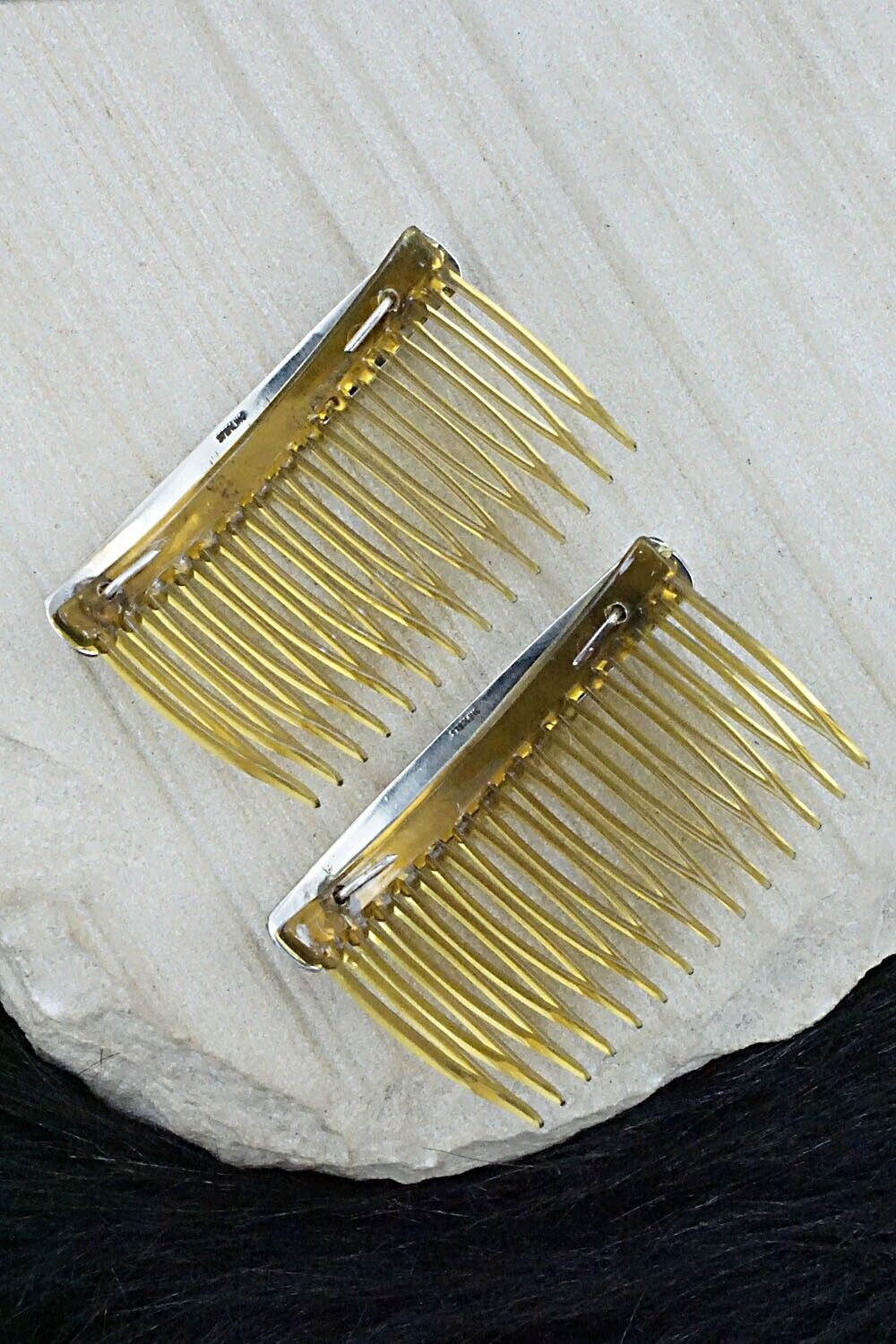 Turquoise, Coral Chip Inlay & Sterling Silver Hair Combs - Joleen Yazzie