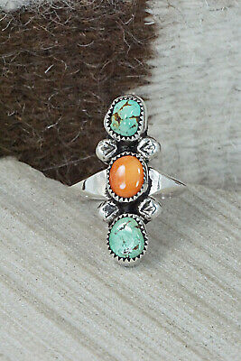 Turquoise, Spiny Oyster & Sterling Silver Ring - Priscilla Reeder - Size 8.75
