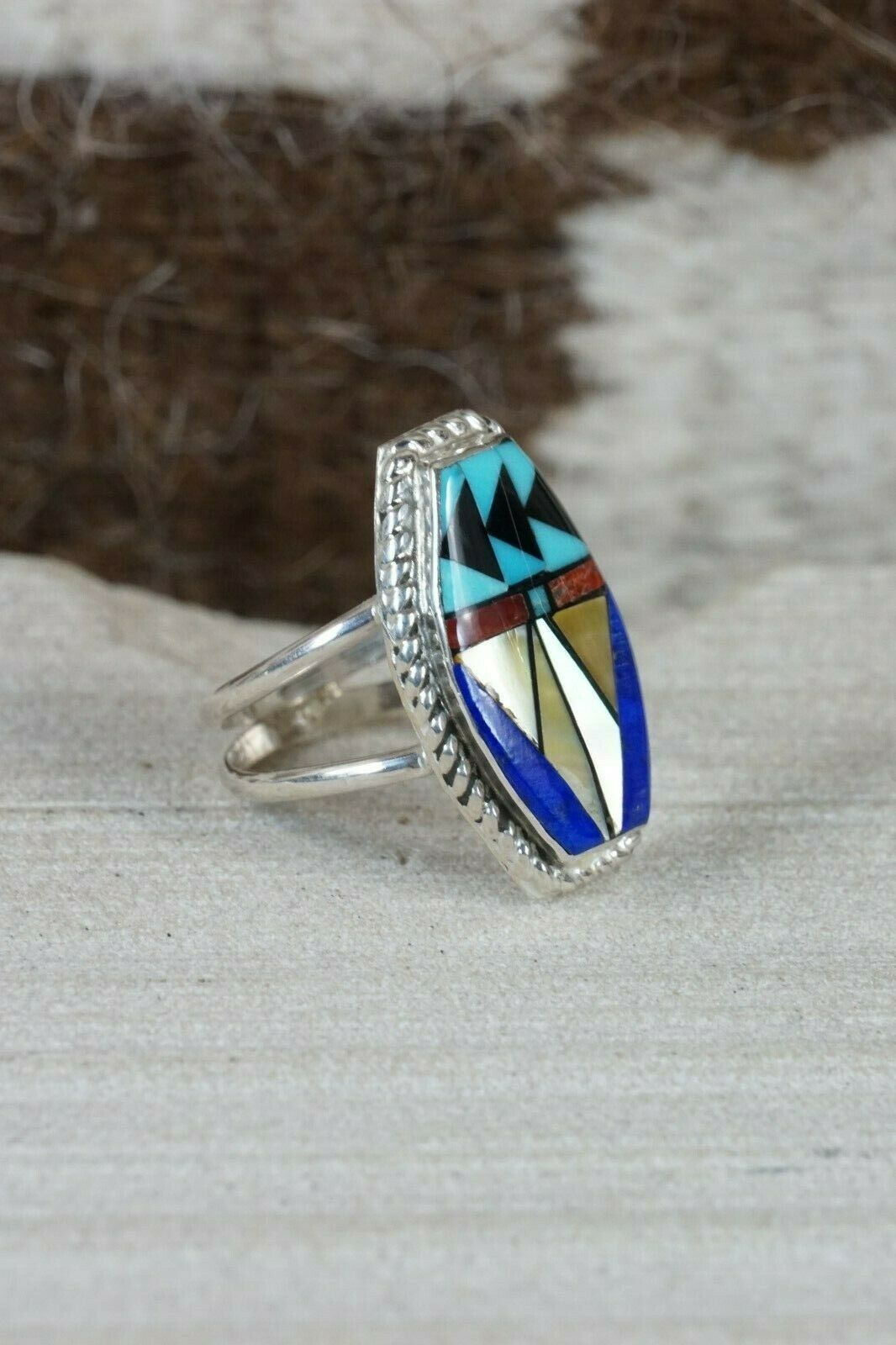 Zuni Inlay Multi- Stone and Sterling Silver Ring - Ola Eriacho - Size 6.75 - High Lonesome Trading