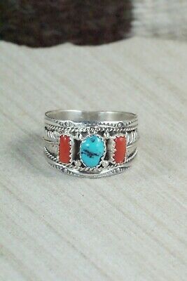 Turquoise, Coral and Sterling Silver Ring - Harrison & Betty Begay - 11.5